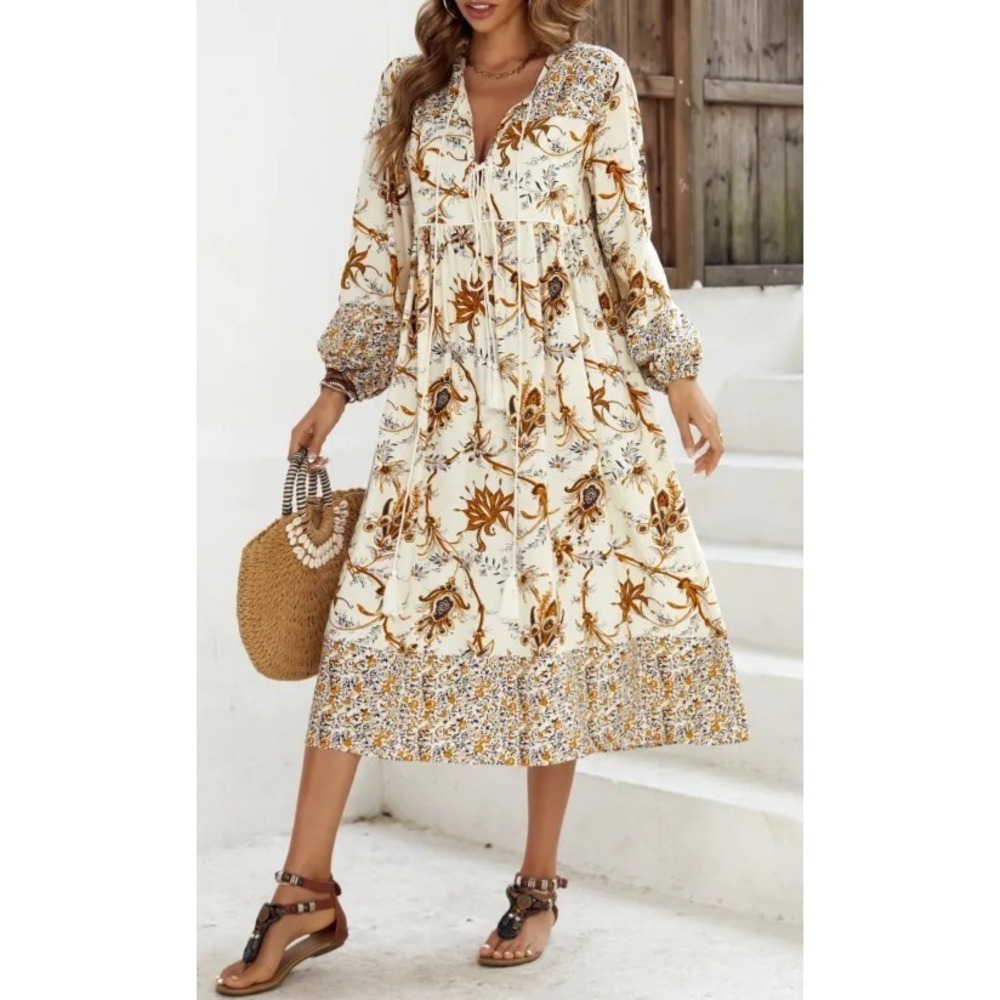 R.Vivimos BOHO-inspired double tassel ties midi dress‎ ballon sleeves XS (0/2)